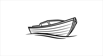 Simple Line Drawing of a Wooden Boat on Water. © Inti