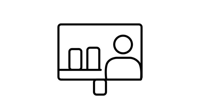 Animated line icon featuring a corporate presenter explaining financial data bar charts on a standard business presentation board screen.