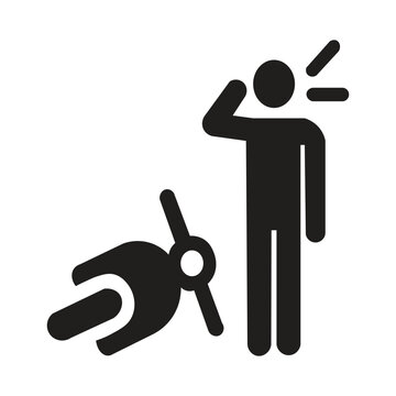 A confused person seeing a crashed motorbike silhouette illustration. A confused person is characterized by an inability to think clearly, a loss of focus, and difficulty making decisions. They usuall