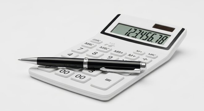 Calculator and Pen on White Background.