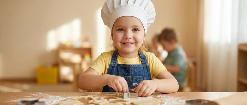 Adorable smiling little girl in a white chef hat and denim apron making cookies. Concept of kids cooking master class, culinary school, and educational workshop. Wide banner with copy space