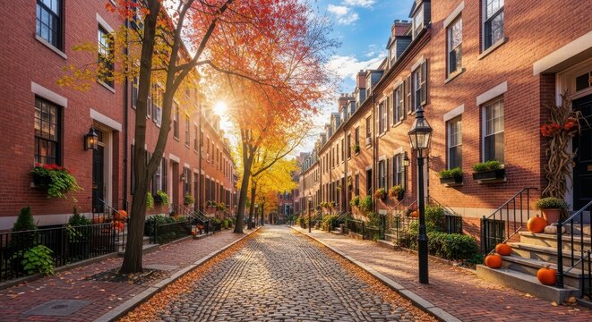 Charming Beacon Hill Street in Boston During Autumn with Colorful Foliage.