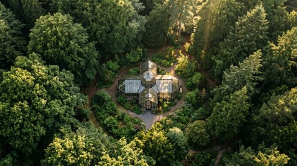 Naklejka premium Castle in the Woods from Above – Serene Nature Retreat