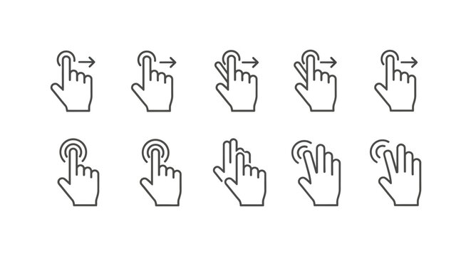 Hand icons, cursor pointers, click symbols, web navigation, UI elements, 10 icons