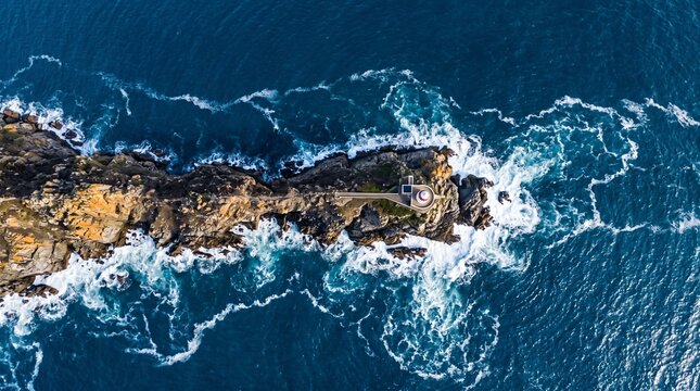 Ocean waves crashing on rocky coastline lighthouse