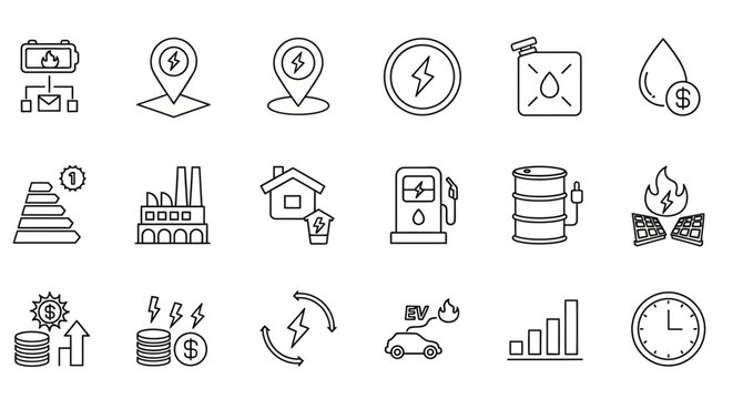 20 Line Icons, Business, Finance, Industry, Energy, and Technology Symbols, Black and White Vector Graphics