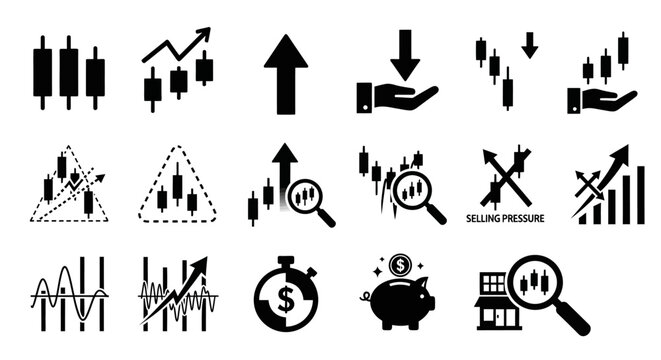 Business finance icons, 20 black vector symbols, financial market signs, stock exchange graphics