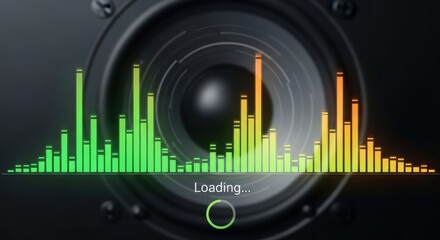 Fototapeta premium Close up of a speaker with a colorful sound wave equalizer overlay.
