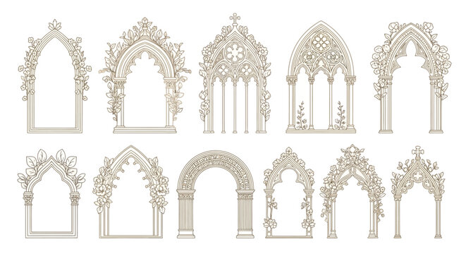 Ornate Gothic Arch Window Frames, Beige Architectural Elements, 10 Decorative Border Designs, Vector Illustration Set