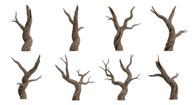 eight stylized bare tree trunks stand against a white backdrop design and conceptual projects