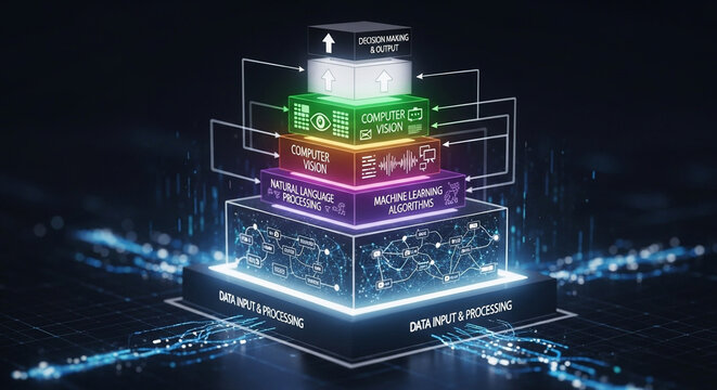Futuristic layered diagram showcasing data input and processing powering AI, machine learning, natural language processing, computer vision, and data decision-making, rendered in a high-tech