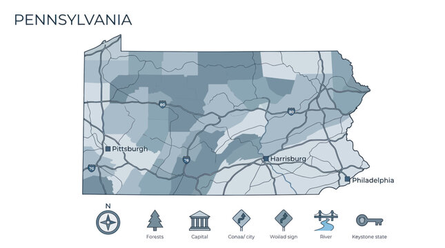 Map of Pennsylvania with Cities and Counties, Infographic Style