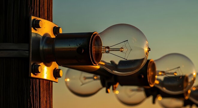 Closeup of vintage incandescent light bulbs on a wooden post at sunset