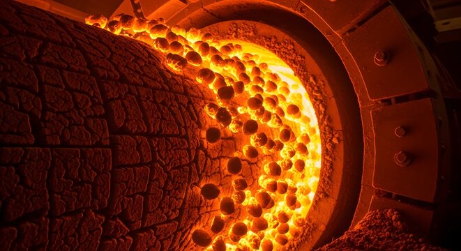 Glowing hot clinker inside a rotary kiln during cement production process.