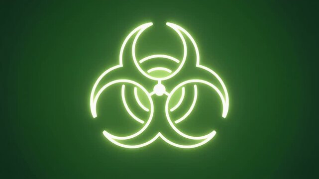 Glowing neon biohazard symbol isolated on a dark green background.