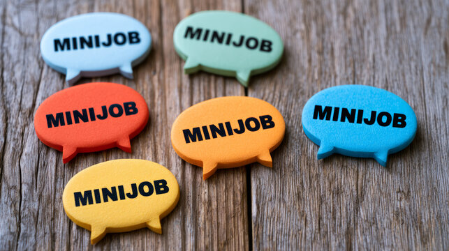 Colorful minijob speech bubbles on wooden table.