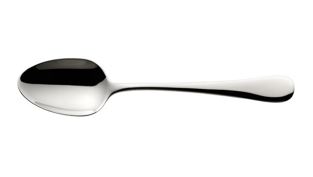 Isolated polished shiny metallic stainless steel dessert spoon, elegant kitchen utensil, dinnerware