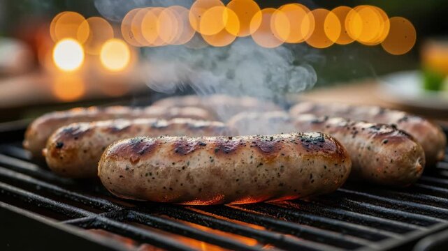 Barbecue Sausages on Grill: Juicy sausages sizzle and char on a hot barbecue grill, releasing fragrant smoke, with a bokeh of warm lights in the background.