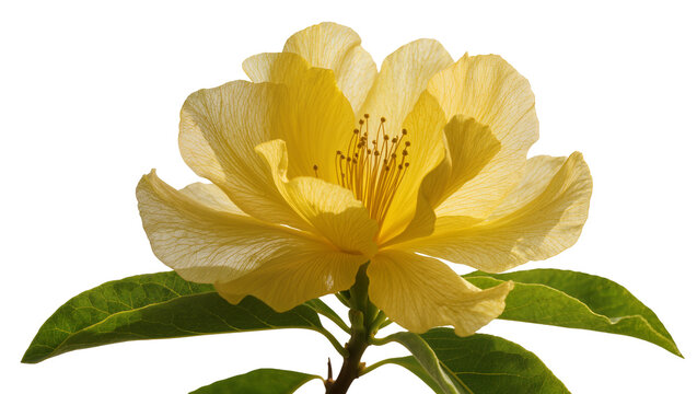Isolated vibrant yellow flower blossom with delicate translucent petals and green leaves.