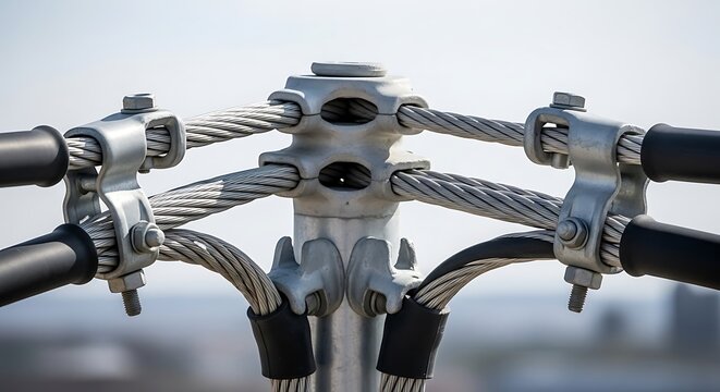 Closeup of a metal cable railing system connector on a post