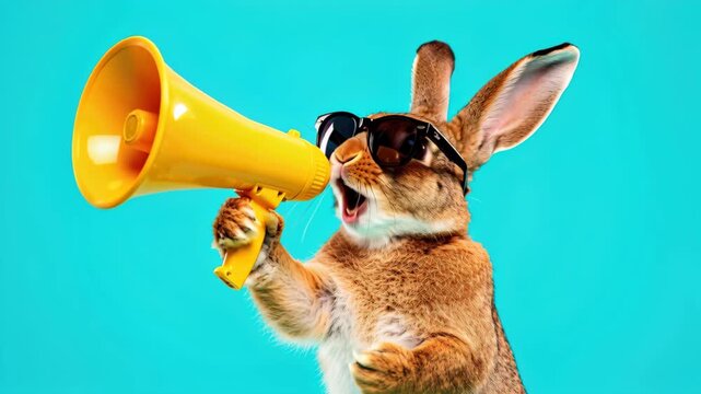 Rabbi Rabbit Announcer: A charismatic rabbit wearing sunglasses and holding a yellow megaphone, making an announcement with an energetic expression against a vibrant cyan background.