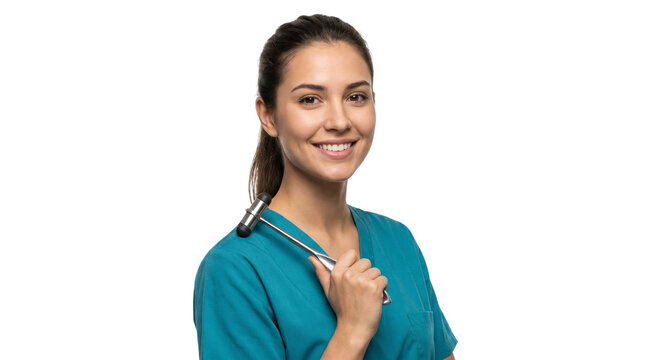 Medical student holding reflex hammer, representing clinical training, neurological examination skills and professional healthcare education. Isolated on White background