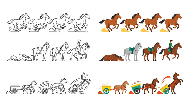 Set of horse sprites in outline and color, running, sleeping, and pulling a cart.