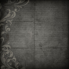 Naklejka premium Dark grunge background with decorative vintage floral scroll border. Distressed antique texture with copy space for posters, invitations, branding and elegant designs.