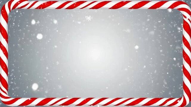 Festive Christmas candy cane border frame with falling snow on a grey background.