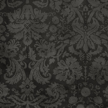 Dark charcoal damask wallpaper texture with intricate floral ornaments. Elegant vintage background ideal for luxury branding, packaging, textiles and gothic decor themes.