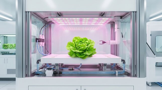 Large green lettuce plant growing on a white platform inside a modern indoor hydroponic farm with pink LED grow lights and various tubes and wires.