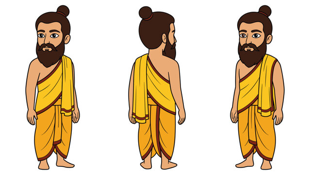 Cartoon indian male ascetic character in traditional yellow dhoti with front and back view.