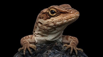 Obraz premium Close up portrait of a brown lizard peering over a dark rock against a black background.
