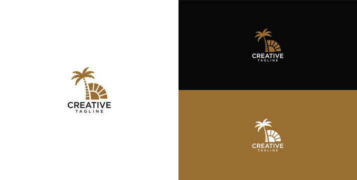 Minimalist palm tree and sun logo design for tropical brand identity, resort business, or travel agency concept