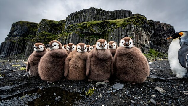 Group of fluffy king penguin chicks on rocky beach.
