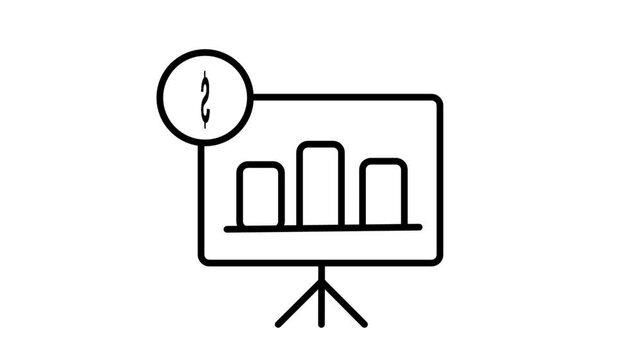 Animated line icon displaying a business presentation whiteboard showing data bar charts combined with a financial dollar currency coin.