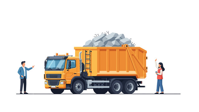 Yellow Tipper Truck with Construction Rubble and Workers