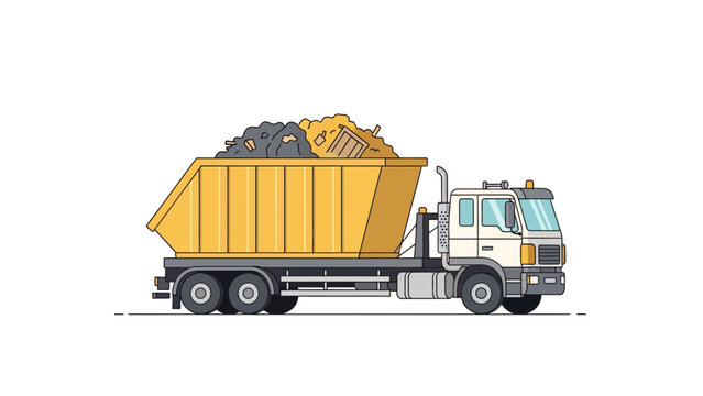 Garbage truck with yellow skip container hauling construction debris. Flat vector illustration for waste management and demolition services.
