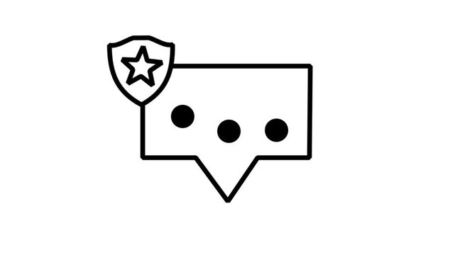Animated line icon depicting a speech bubble chat text message box protected by a premium star security defense shield.