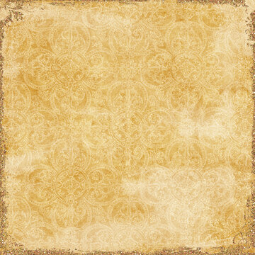 Luxury beige ornamental wallpaper background with intricate vintage medallion pattern and distressed glitter border. Elegant classic backdrop for invitations and branding.