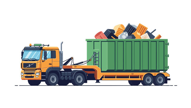 Garbage Truck with Skip Bin for Waste Management and Recycling Vector Illustration