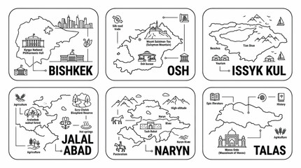 Obraz premium Kyrgyzstan Regions Map Infographic: Bishkek, Osh, Issyk Kul, Jalal Abad, Naryn, Talas