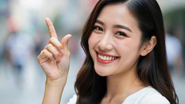 An Idea Shines Bright: A young Asian woman beams with a bright, confident smile as she raises her index finger, symbolizing a moment of inspiration and discovery.