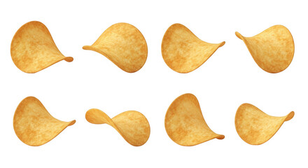 Naklejka premium eight potato chips falling isolated on white background promoting snacks or ingredients for cooking