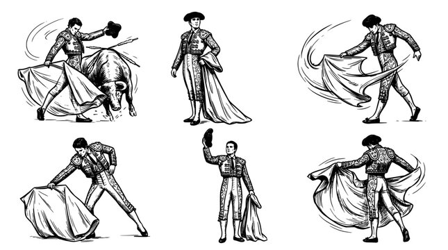 Set of bullfighter matador in various poses