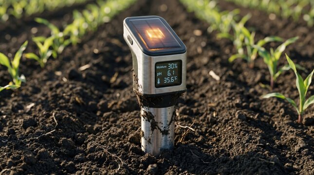 A soil moisture sensor with digital display showing moisture level, pH, and temperature in a field with young green plants growing in dark brown soil.