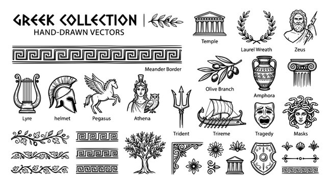 Greek collection handdrawn vector set of ancient mythology elements