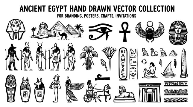 Ancient egypt hand drawn vector collection of historical icons and symbols