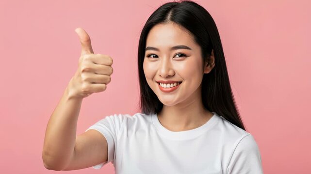 Asian Woman Showing Thumbs Up: A young Asian woman with a bright smile and freckles gives a thumbs-up gesture, conveying positivity and approval. Her long.
