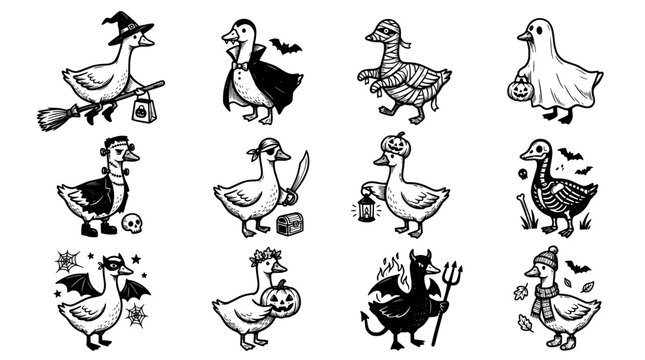 Set of cute halloween ducks in various costumes